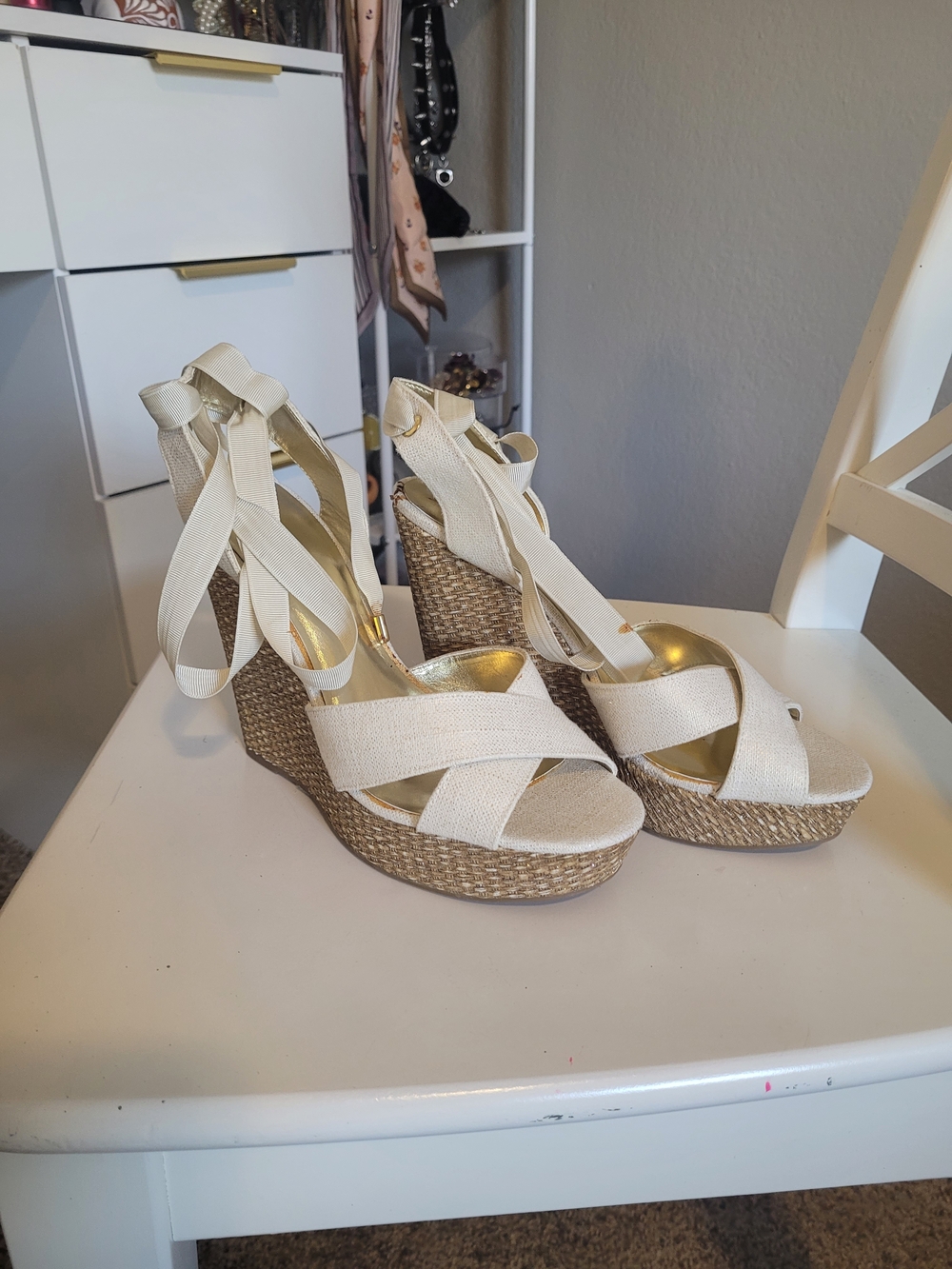 JustFab Cream Espadrille Wedge Sandals